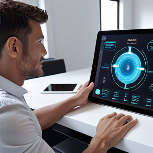 **AI Financial Advisor:** A futuristic, friendly-looking AI interface giving personalized financial advice to a user on a tablet, set in a modern home.