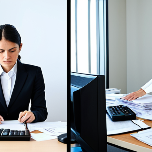 A professional businesswoman and a businessman, split image showing two distinct scenes within a modern office. The left side depicts the businesswoman, wearing a modest business suit, appearing stressed at a cluttered desk overflowing with stacks of paper, physical ledgers, and an old calculator, her hands busy with manual entries. The right side shows the businessman, also in a modest business suit, calmly interacting with a sleek, minimalist desk setup featuring a large, modern monitor displaying real-time financial data visualizations. His posture is relaxed, indicating efficiency and organization. The overall image highlights the contrast between chaotic manual processes and streamlined automated ones. Professional photography, high resolution, sharp focus, clean aesthetics. fully clothed, modest clothing, appropriate attire, professional dress, perfect anatomy, correct proportions, natural pose, well-formed hands, proper finger count, natural body proportions, safe for work, appropriate content, family-friendly.