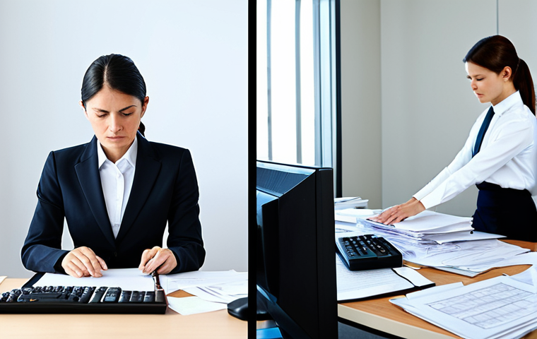 A professional businesswoman and a businessman, split image showing two distinct scenes within a modern office. The left side depicts the businesswoman, wearing a modest business suit, appearing stressed at a cluttered desk overflowing with stacks of paper, physical ledgers, and an old calculator, her hands busy with manual entries. The right side shows the businessman, also in a modest business suit, calmly interacting with a sleek, minimalist desk setup featuring a large, modern monitor displaying real-time financial data visualizations. His posture is relaxed, indicating efficiency and organization. The overall image highlights the contrast between chaotic manual processes and streamlined automated ones. Professional photography, high resolution, sharp focus, clean aesthetics. fully clothed, modest clothing, appropriate attire, professional dress, perfect anatomy, correct proportions, natural pose, well-formed hands, proper finger count, natural body proportions, safe for work, appropriate content, family-friendly.